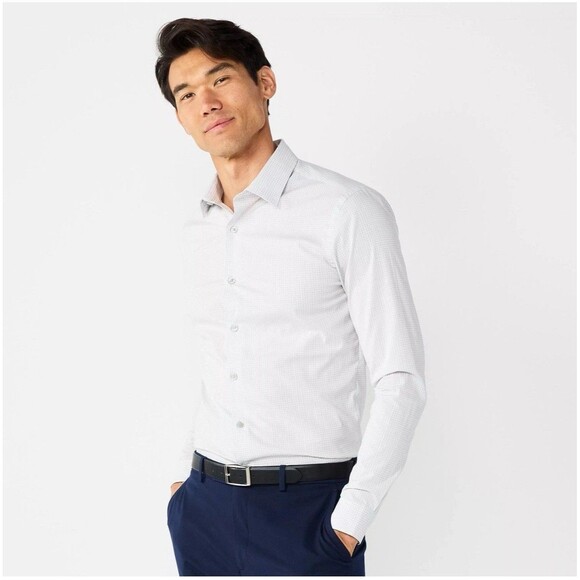NWOT Men's Apt. 9 Regular Fit Dress Shirt White Grey Checked Size Large - Picture 1 of 7